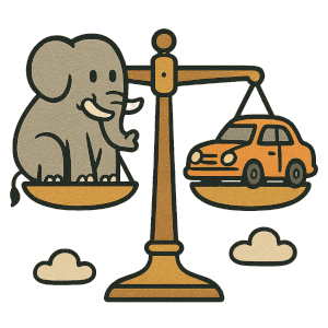 alt  Шуточный рисунок весов на чашах которых находятся слон и автомобиль