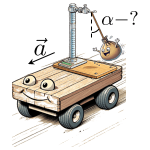 На рисунке в шуточном стиле изображена тележка, движущуюся горизонтально с ускорением установлен штатив, на котором подвешен груз на нити