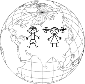 На рисунке схематически изображён земной шар, на котором в шуточном стиле изображены мальчик и девочка