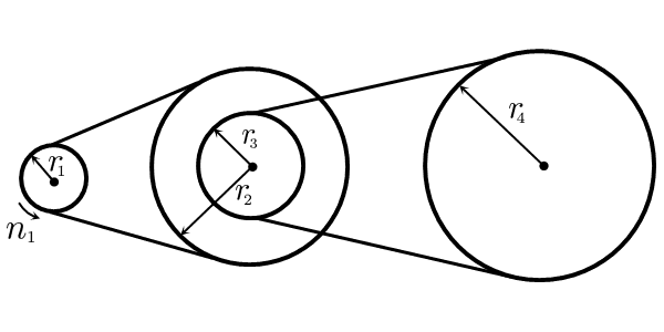 На рисунке схематически изображены три шкива, соединённые двумя передаточными ремнями