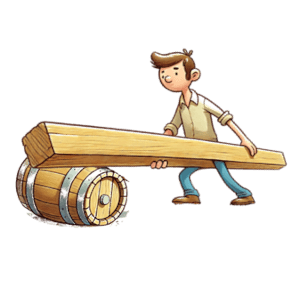 На рисунке изображён в шуточном стиле человек, который держит один конец доски, а другой её конец лежит на цилиндре