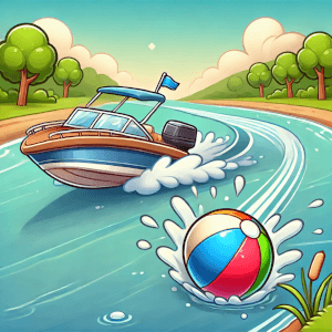 На рисунке изображена в шуточном стиле моторная лодка, плывущая по речке и с которой упал в воду резиновый мячик