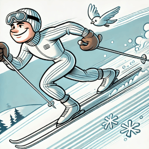 На рисунке изображён в шуточном стиле лыжник, спускающийся с горы на беговых лыжах