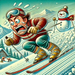 На рисунке изображён в шуточном стиле человек, спускающийся с заснеженного склона горы на горных лыжах на большой скорости