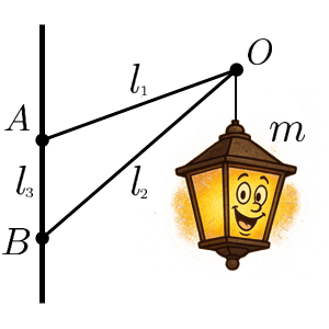 На рисунке схематически изображены два стержня, соединённых шарнирно и закреплённых под углом к вертикальной стене, в точке соединения стержней подвешена лампа